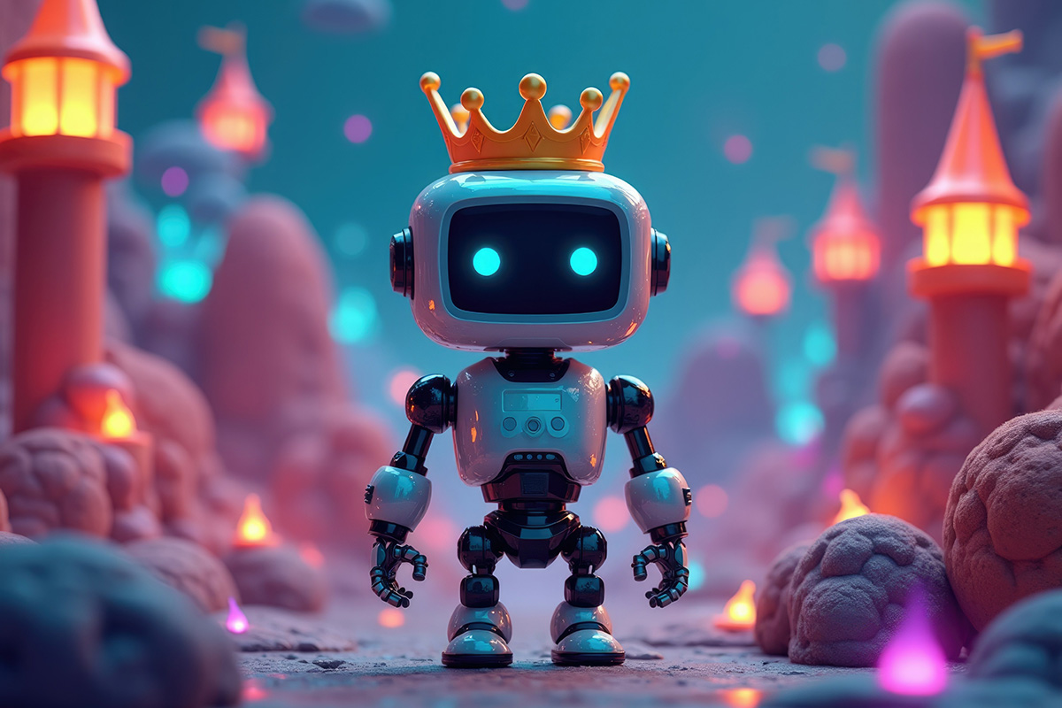 AI robot wearing a crown